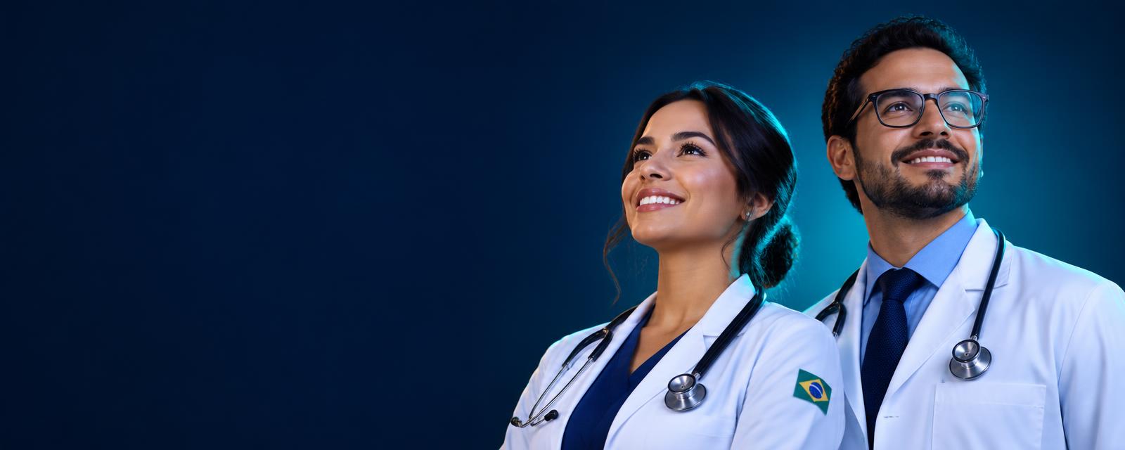 Médica e médico sorrindo